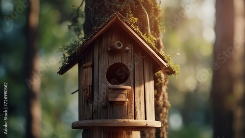 An old wooden birdhouse is fixed on a tree.