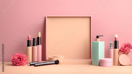 3D beauty fashion banner template designed with makeup cosmetic tools. Minimal pink pastel background suitable for e commerce, social media, website banner. photo