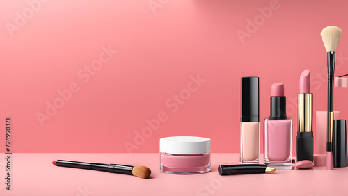 3D beauty fashion banner template designed with makeup cosmetic tools. Minimal pink pastel background suitable for e commerce, social media, website banner. photo