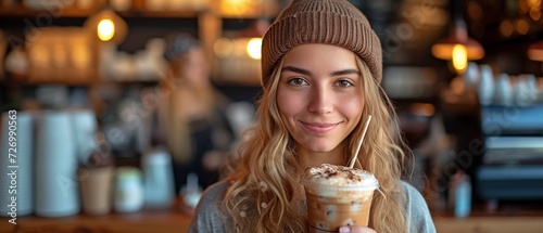 Using a paper straw, a café patron is holding a drink.