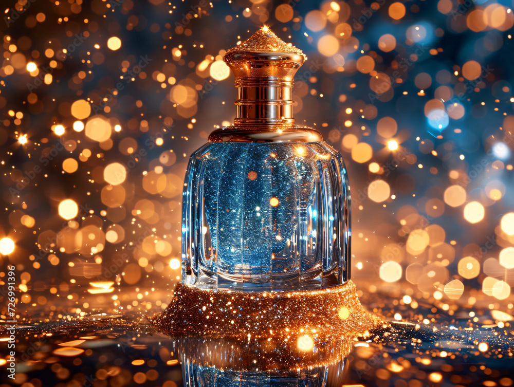 A perfume bottle is placed in the center of the image, surrounded by a blue and gold star bokeh effect. A perfume bottle is placed in the center of the image, surrounded by a blue and gold star bokeh effect.