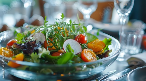 healthy salad in the restaurant, in the style of schoolgirl lifestyle, plastic, joyful celebration of nature, 