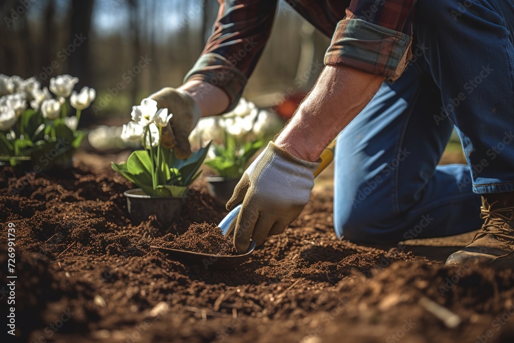 Fototapeta premium A young man works in the garden in the spring, planting flowers in flower beds. The work of eco-activists on landscaping. Environment.