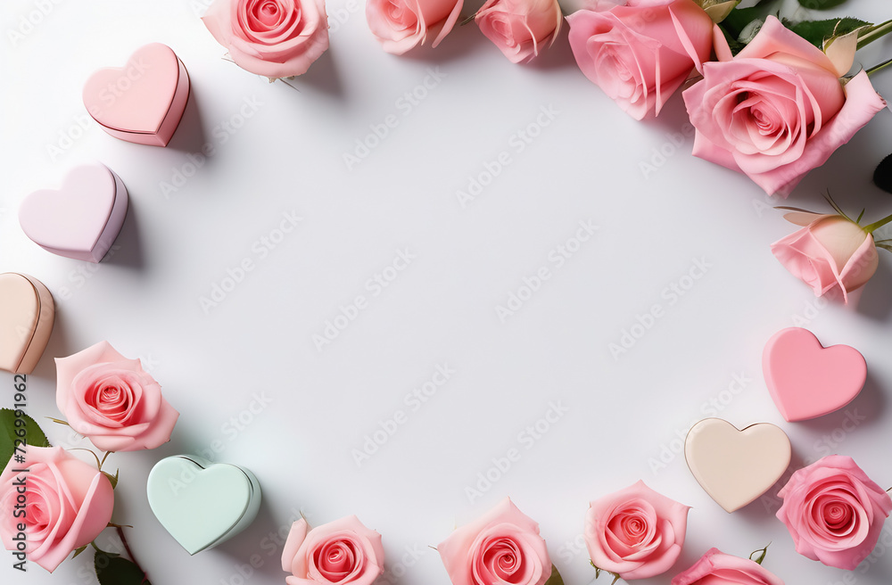 Frame of pastel, light pink roses, hearts and gift box with free space for text on light pink background, International Day, Women`s Day, 8th March, Valentine`s Day