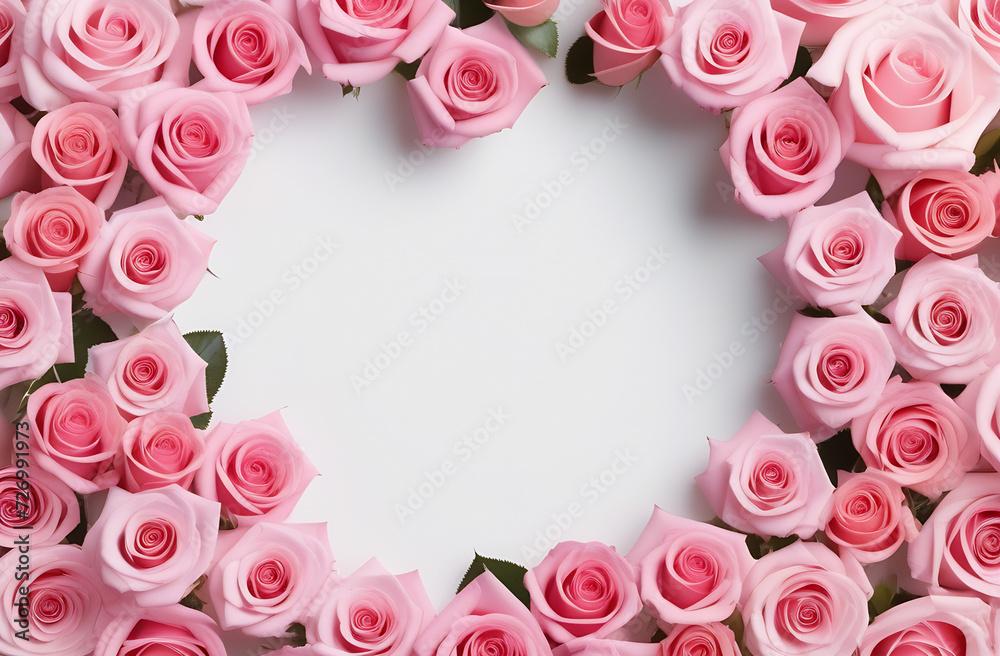 Frame of pastel, light pink roses and gift box with free space for text on white background, International Day, Women`s Day, 8th March, Valentine`s Day