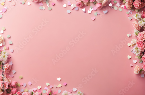Beautiful,pastel, light colourful hearts and roses with free space for text on light pink background, International Day, Women`s Day, 8th March, Valentine`s Day
