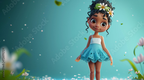 A whimsical and charming 3D headshot illustration of a cartoon girl with a flower, donning an azure skirt. This delightful character is sure to bring a touch of joy and playfulness to any pr © stocker