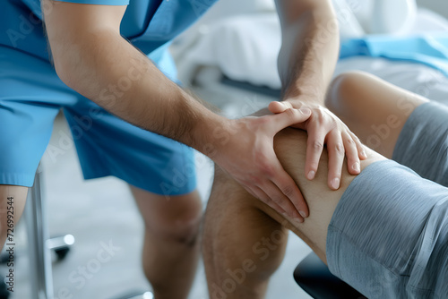 Male physical therapist doing healing treatment on mans knee in rehabilitation clinic. Professional physiotherapist or osteopath working in office. Physiotherapy and osteopathic medicine concept  photo