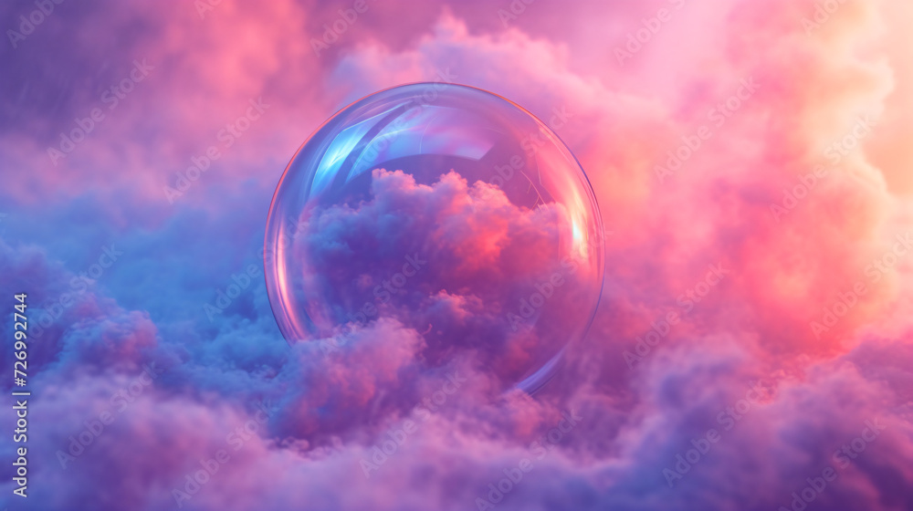 A soap bubble floats among puffy clouds, reflecting the sky's blue and pink hues. A soap bubble floats among puffy clouds, reflecting the sky's blue and pink hues.