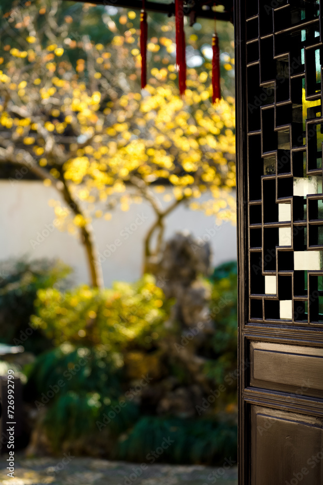 Fototapeta premium Chinese Ancient Architecture and Winter Plum Blossoms