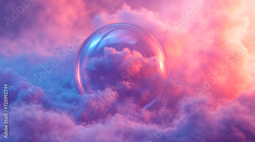 A soap bubble floats among puffy clouds, reflecting the sky's blue and pink hues.