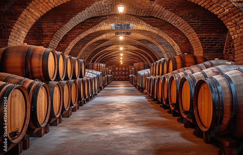 Numerous wine barrels within a stone-walled cellar