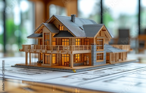 On the conference table, project plan and house model are positioned with assurance. civil engineering