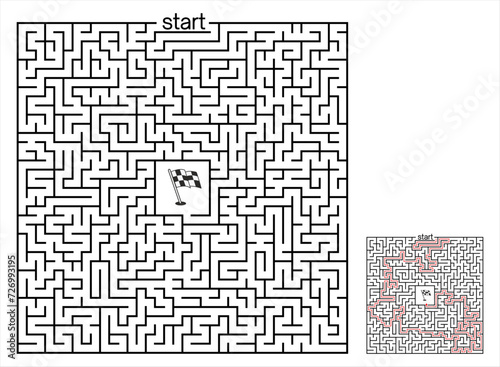Difficult square  Maze with a central goal. Hard square vector labyrinth with solution. Education puzzle with search of solution. Medium difficulty brain teaser for brain training. Puzzle for adults