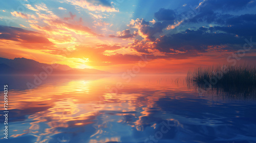 Background sunset panorama on the lake.