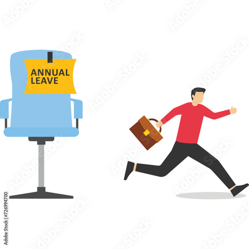 Annual leave. happy businessman running with luggage from calendar with annual leave note.

