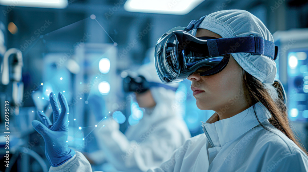 A woman in a lab coat immerses herself in a virtual reality environment, exploring new technological frontiers. A woman in a lab coat immerses herself in a virtual reality environment, exploring new technological frontiers.
