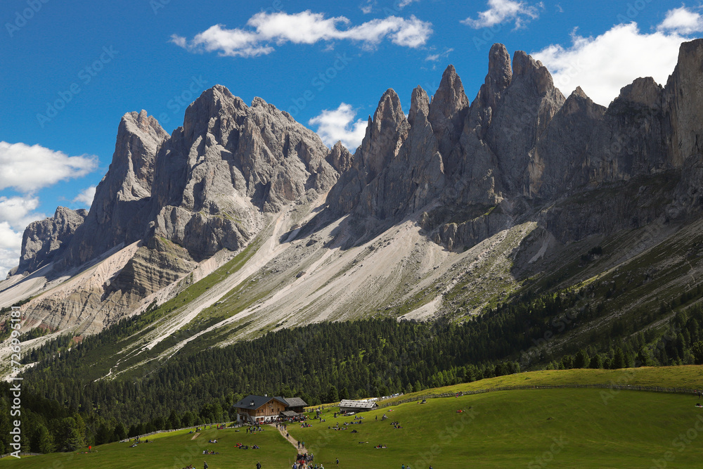 Le Odle seen during trail to Malga Brogles, Dolomites, Trentino Alto-Adige, Sudtirol, Soth Tyrol, Italy