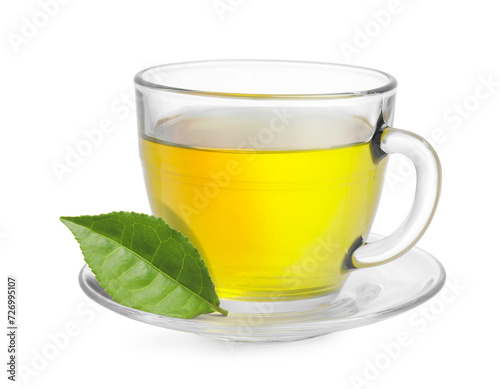 Green tea in glass cup and leaf isolated on white