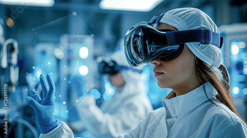 Wallpaper Mural A woman in a lab coat immerses herself in a virtual reality environment, exploring new technological frontiers. Torontodigital.ca