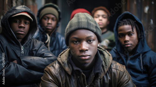 Emotionless young black boys group with hoodies on the city streets. Concept of socioeconomic inequality and racial discrimination.