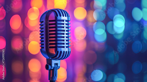 Classic microphone with vibrant bokeh lights, highlighting entertainment and performance ambiance.