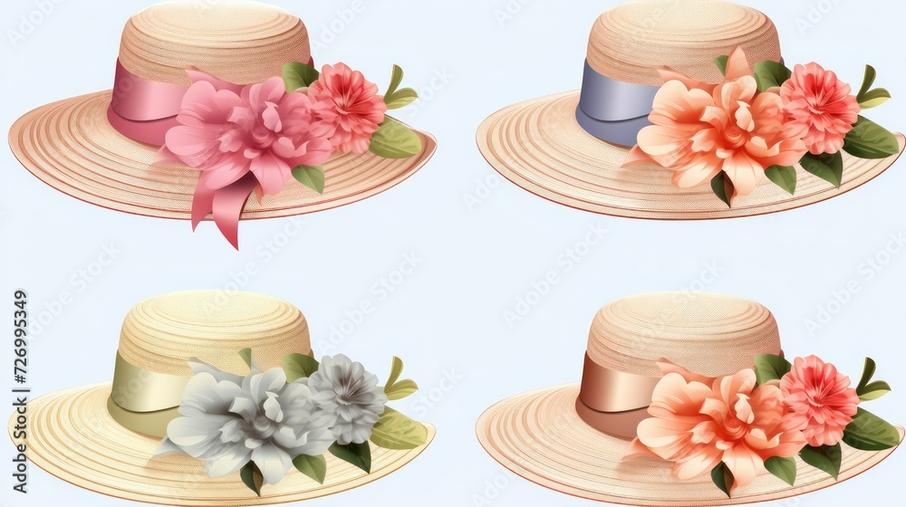 set of Hat Background Straw Flower on a white background