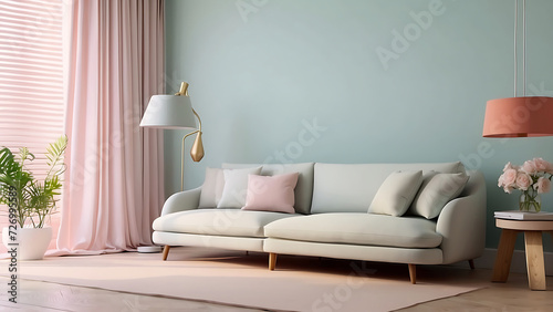 Relaxing sofa set with light ambient colored background wall and light stand with modern interior concept © HK