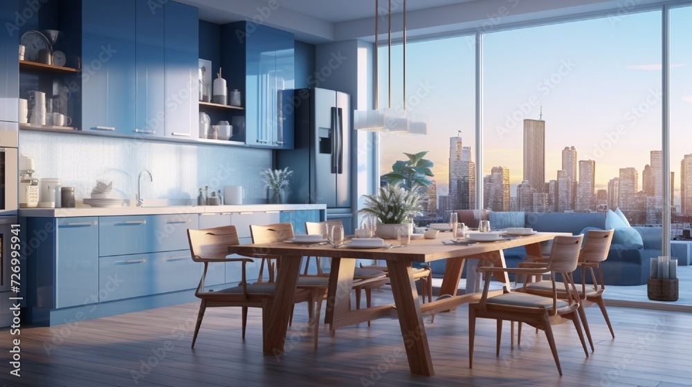 Classical blue home kitchen interior with dinner table and wood chairs, cooking cabinet and eating zone with tulle and panoramic window on skyscrapers. 3D rendering