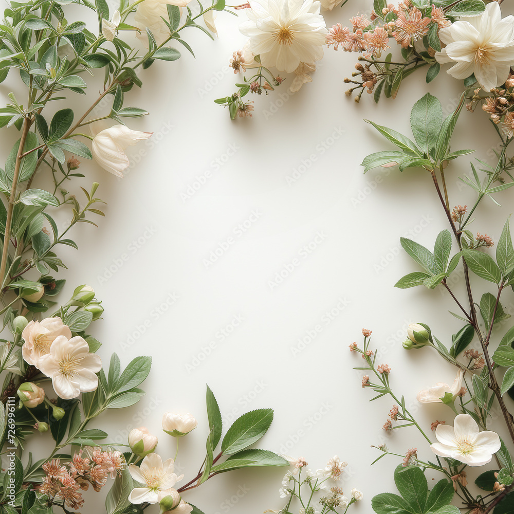 Elegant composition featuring white flowers with vibrant green leaves set against a white backdrop Elegant composition featuring white flowers with vibrant green leaves set against a white backdrop