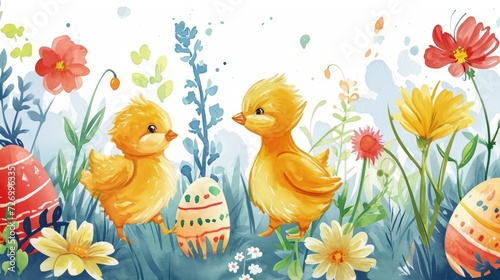 Chicks Among Easter Flowers. Chicks with Easter eggs among blooming flowers.