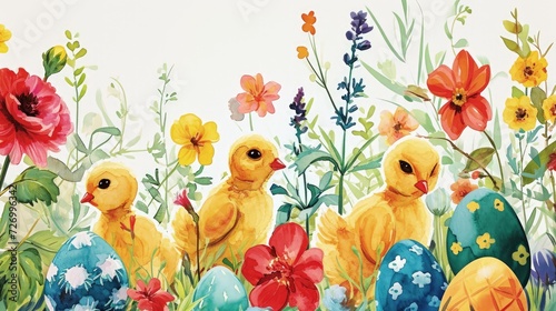 Chicks Among Easter Flowers. Chicks with Easter eggs among blooming flowers. photo
