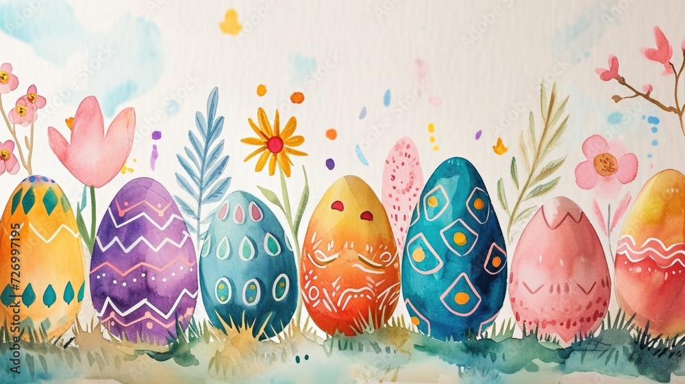 Floral Easter Eggs in Watercolor Garden. Watercolor Easter eggs among a lush backdrop of painted spring flowers. - obrazy, fototapety, plakaty 