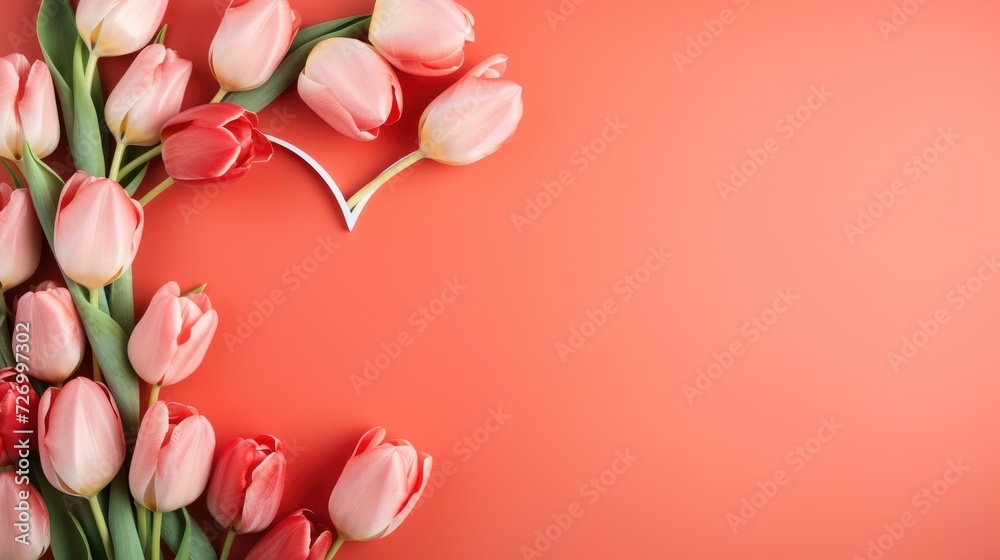Pink tulips with fresh green leaves on a pink background. Beautiful background for a holiday, valentine's day, women's day. An empty space for the text.
