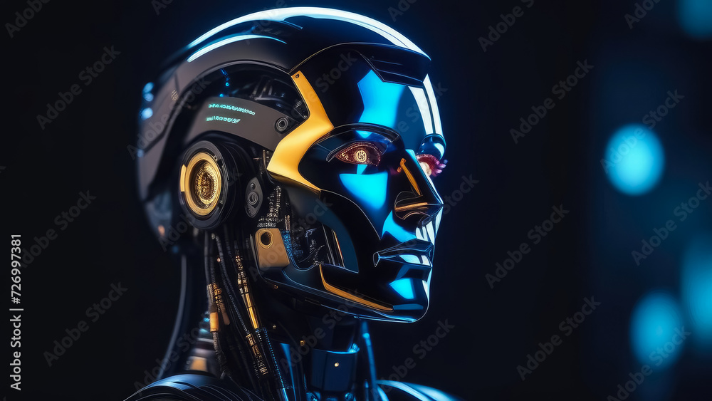 Fototapeta premium The head of a robot (cyborg) with artificial intelligence. Web banner.