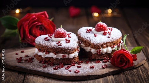 Dual Heart Cakes on Dark Wooden Backdrop for Valentine's - Generative AI