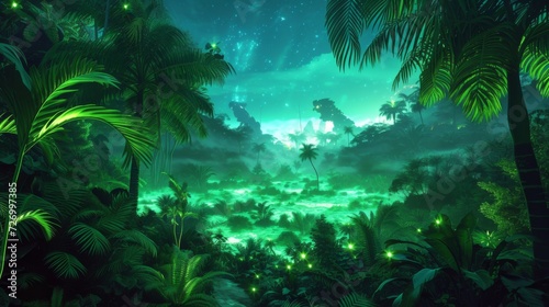 Enchanted Nighttime Jungle with Glowing Foliage. Mystical jungle at night  illuminated by bioluminescent plants under a starry sky.