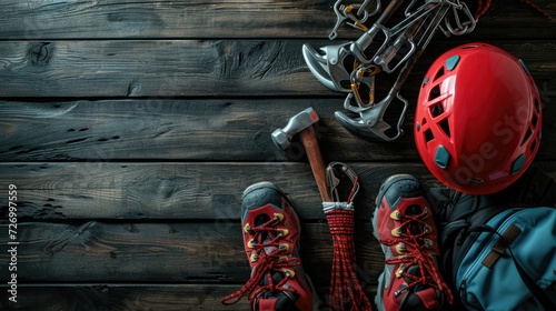 Climbing equipment, Helmet, Hammer, Carabiner, Trekking shoes and Other set on wooden background.