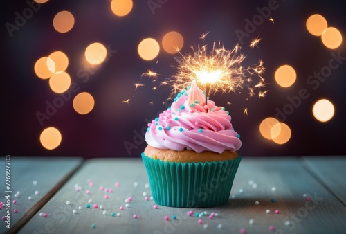 Sweet Celebration: Single Cupcake with Glowing Candle and Frosting Generative AI