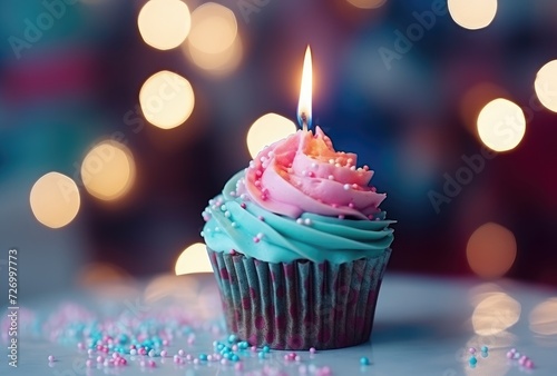 Glowing Birthday Cupcake with Pink Frosting and Sprinkles Generative AI © Gelpi