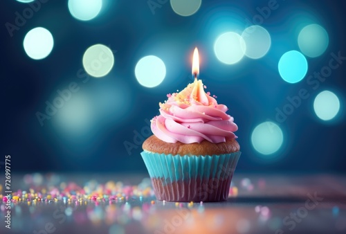 Glowing Birthday Cupcake with Pink Frosting and Sprinkles Generative AI © Gelpi