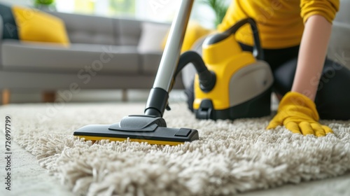 Vacuum cleaner, Caucasian female cleaning service worker vacuums rug in living room. Concept of cleaning and disinfection in modern apartments.
