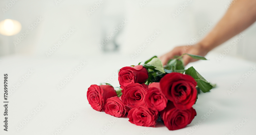 Had Giving Red Roses Red roses, table and person hand with valentines day present and gift ...