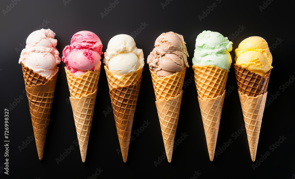 Assorted ice cream cones lined up on a dark background Assorted ice cream cones lined up on a dark background