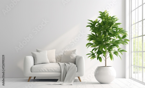 Modern living room interior with comfortable sofa and potted plant
