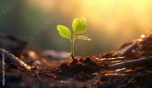 Young plant sprouting in soil against warm sunset light