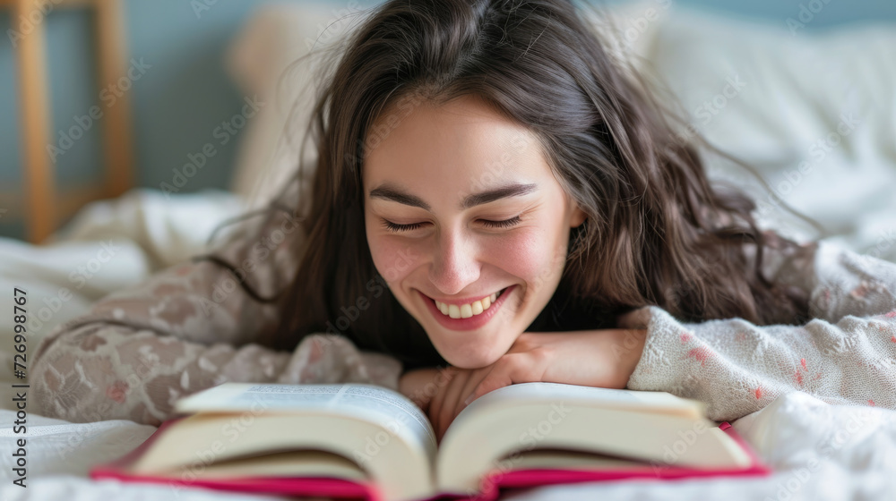 Content woman lying on a bed, head on pillows, absorbed in reading a book during the day. A serene scene of relaxation and literary enjoyment. Content woman lying on a bed, head on pillows, absorbed in reading a book during the day. A serene scene of relaxation and literary enjoyment.