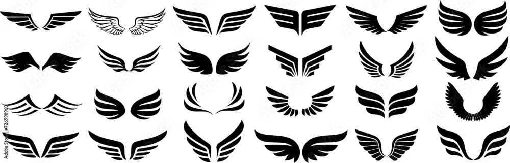 Black wings silhouette vector set, the wings set is ideal for logo, emblem, badge design. Versatile for art, heraldry, animal symbolism. Ranging from simple to intricate feather or scale details - obrazy, fototapety, plakaty 