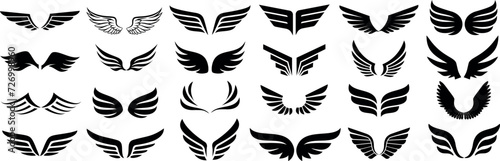 Black wings silhouette vector set, the wings set is ideal for logo, emblem, badge design. Versatile for art, heraldry, animal symbolism. Ranging from simple to intricate feather or scale details photo