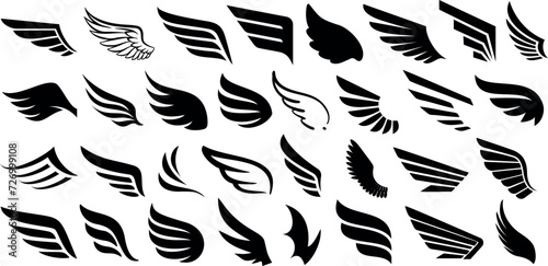 Black wing silhouette vectors isolated on white, perfect for logo, emblem, tattoo designs. Includes angel, fairy, bat wings, showcasing diverse, intricate wing patterns.